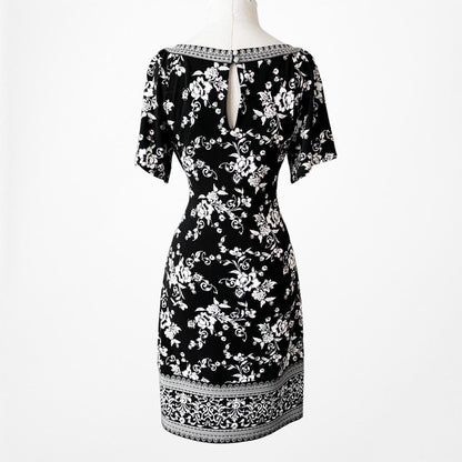 Black White Printed Knee Length Boho Knit Shift Sheath Casual Dress Size M