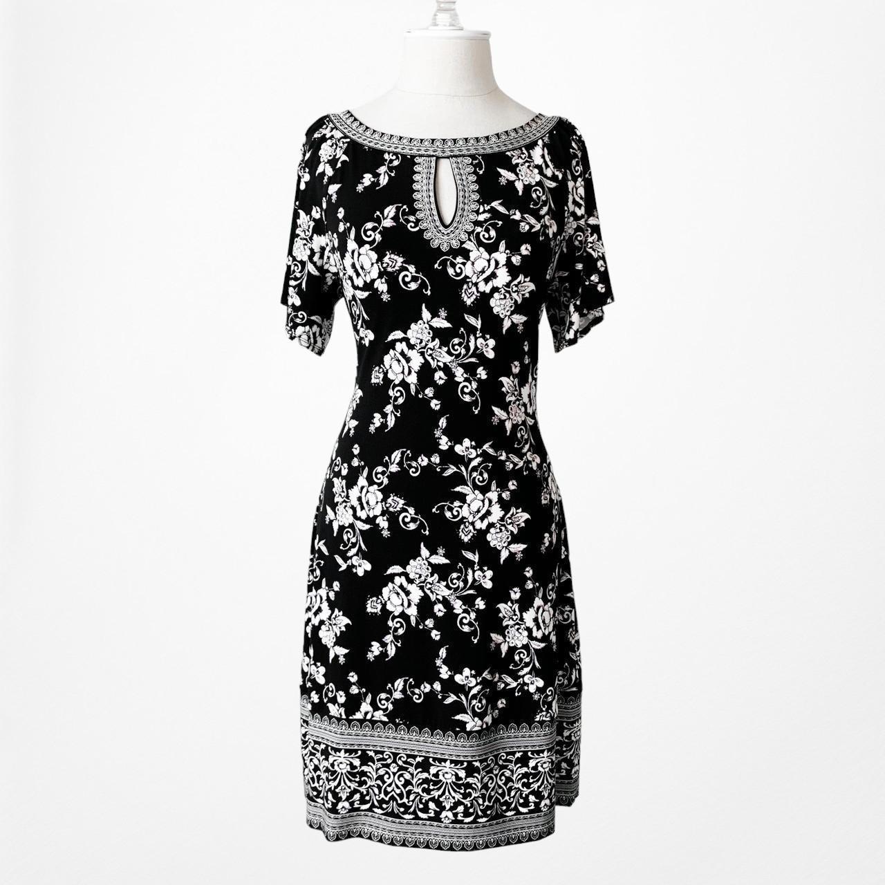 Black White Printed Knee Length Boho Knit Shift Sheath Casual Dress Size M
