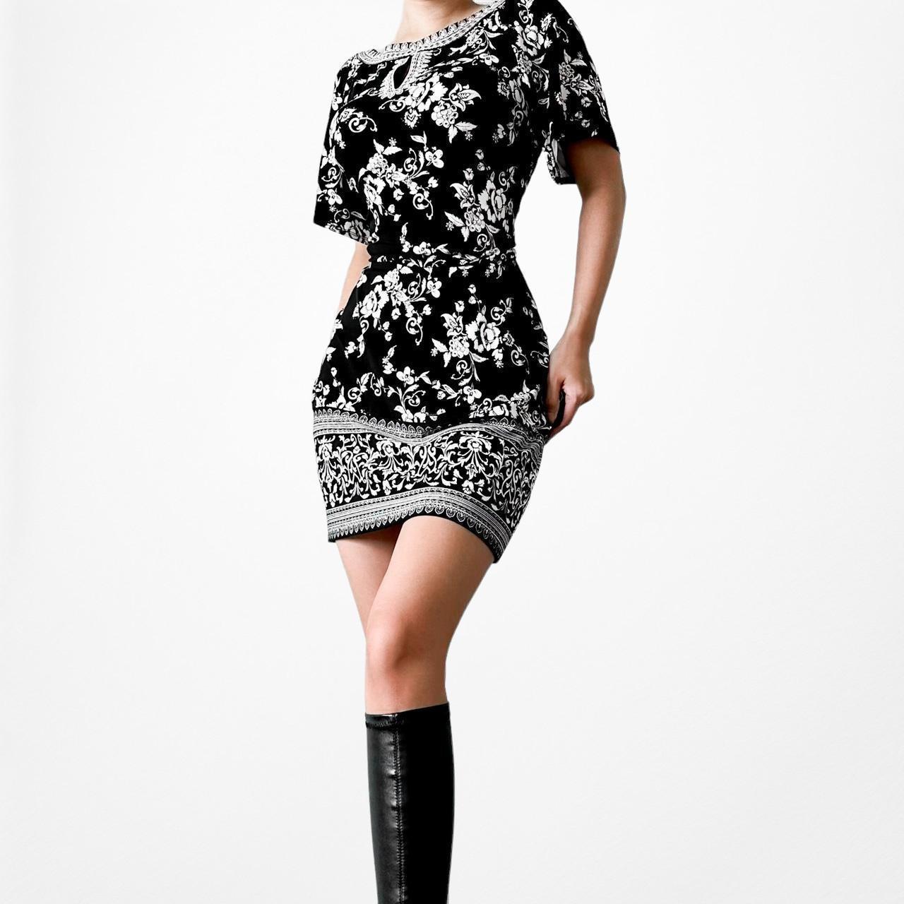 Black White Printed Knee Length Boho Knit Shift Sheath Casual Dress Size M