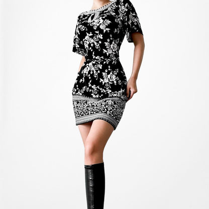 Black White Printed Knee Length Boho Knit Shift Sheath Casual Dress Size M