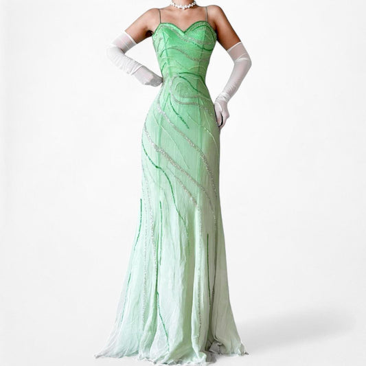 Vintage Green Ombre Fit Flared Beaded Formal Prom Dress Size S