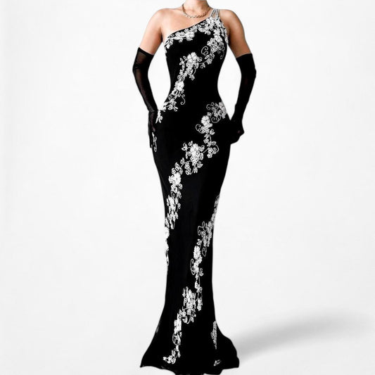 Vintage Black White Floral Beaded One Shoulder Silk Formal Maxi Bodycon Prom Dress Size M