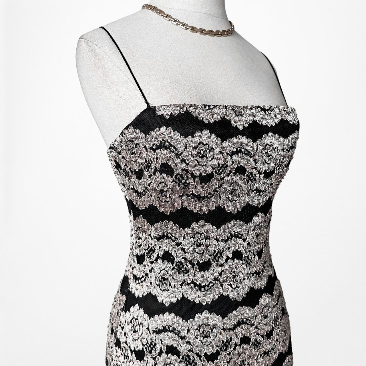 Vintage Black Gold Striped Knit Maxi Bodycon Cocktail Dress Size XS/S