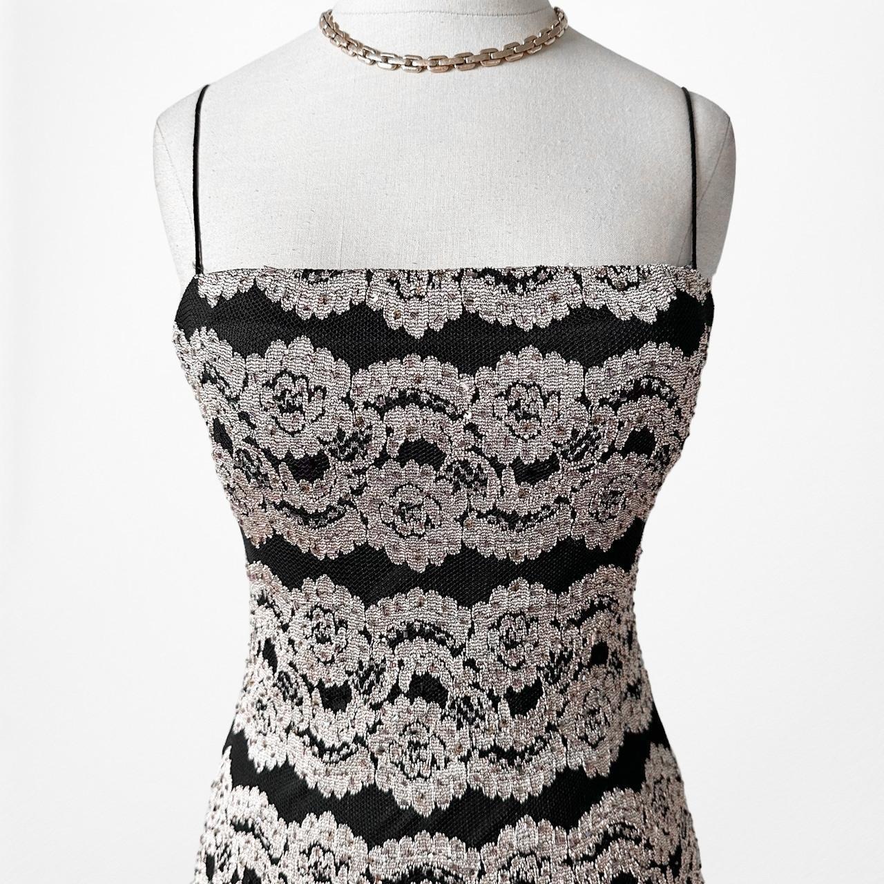 Vintage Black Gold Striped Knit Maxi Bodycon Cocktail Dress Size XS/S