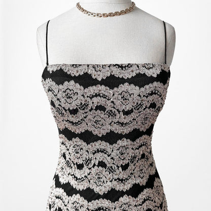 Vintage Black Gold Striped Knit Maxi Bodycon Cocktail Dress Size XS/S