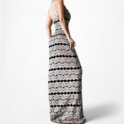 Vintage Black Gold Striped Knit Maxi Bodycon Cocktail Dress Size XS/S