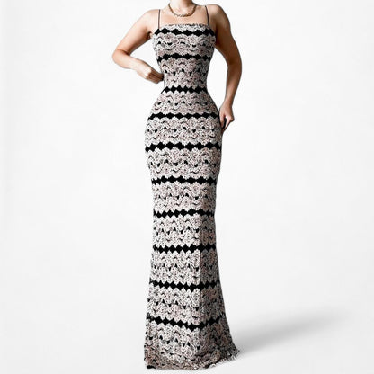 Vintage Black Gold Striped Knit Maxi Bodycon Cocktail Dress Size XS/S