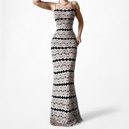 Vintage Black Gold Striped Knit Maxi Bodycon Cocktail Dress Size XS/S