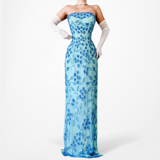 Vintage Blue Strapless Floral Beaded Silk Side Slit Maxi Bodycon Formal Cocktail Dress Size L