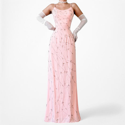 Vintage Floral Beaded Maxi Midi Bodycon Formal Cocktail Prom Dress Size XS/S