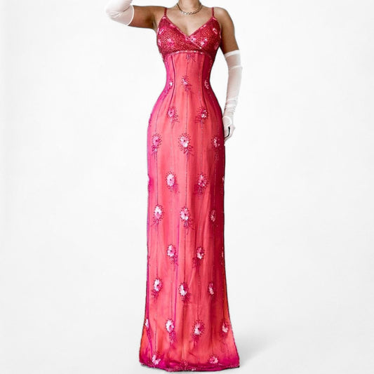 Vintage Pink Floral Beaded Silk Double Side Slit Maxi Babydoll Prom Dress S/M