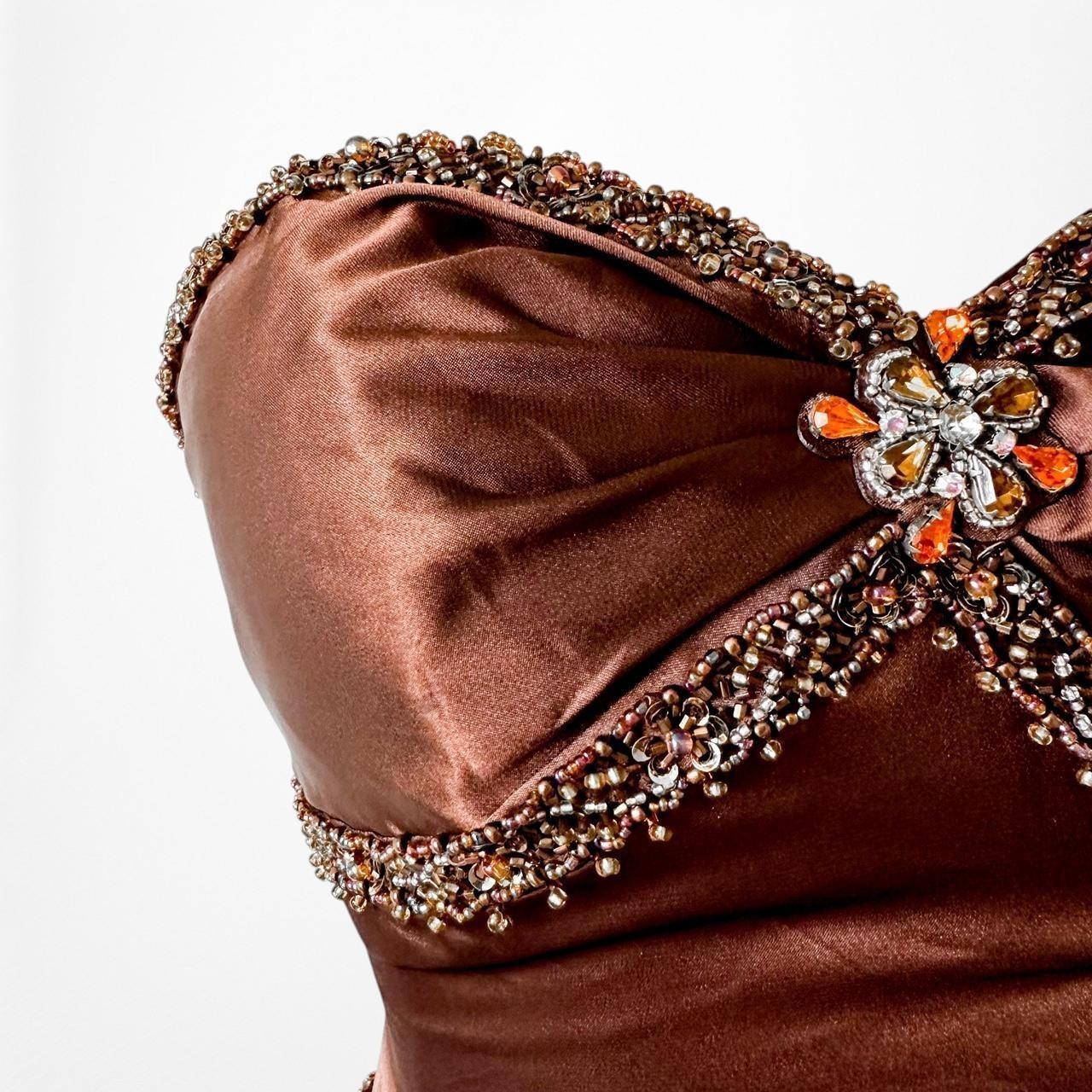 Vintage Brown Satin Lace Beaded Strapless Ruffle Flared Maxi Prom Dress Size XS