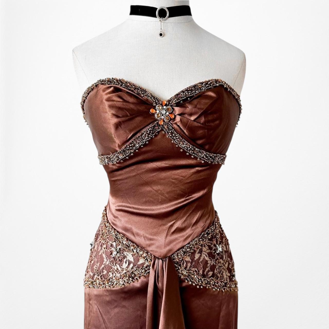 Vintage Brown Satin Lace Beaded Strapless Ruffle Flared Maxi Prom Dress Size XS