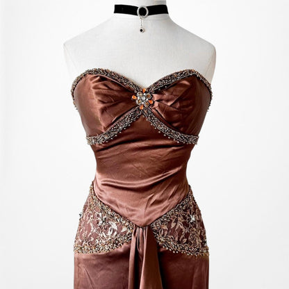 Vintage Brown Satin Lace Beaded Strapless Ruffle Flared Maxi Prom Dress Size XS