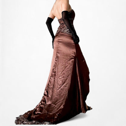 Vintage Brown Satin Lace Beaded Strapless Ruffle Flared Maxi Prom Dress Size XS