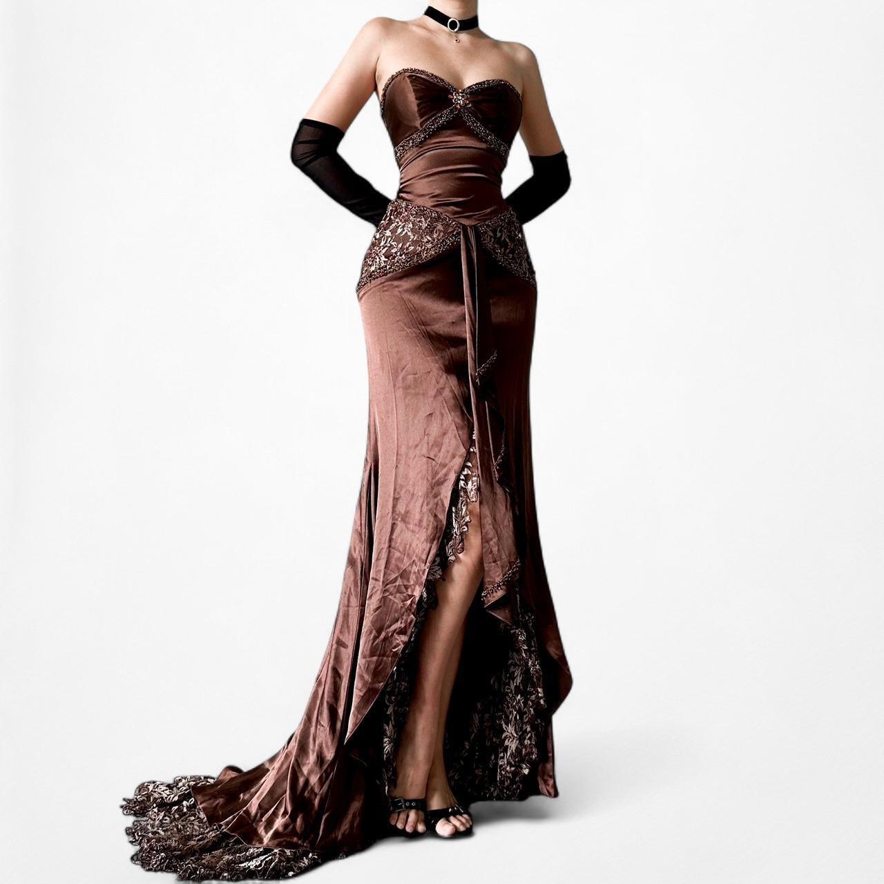 Vintage Brown Satin Lace Beaded Strapless Ruffle Flared Maxi Prom Dress Size XS