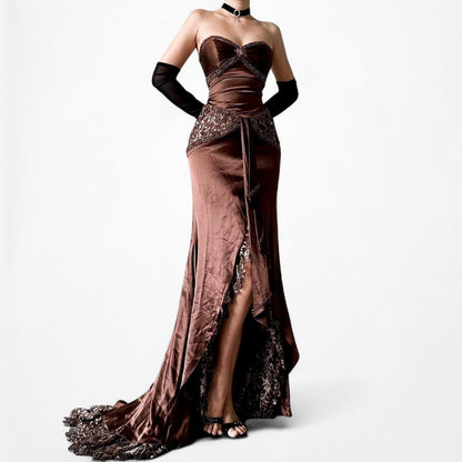 Vintage Brown Satin Lace Beaded Strapless Ruffle Flared Maxi Prom Dress Size XS