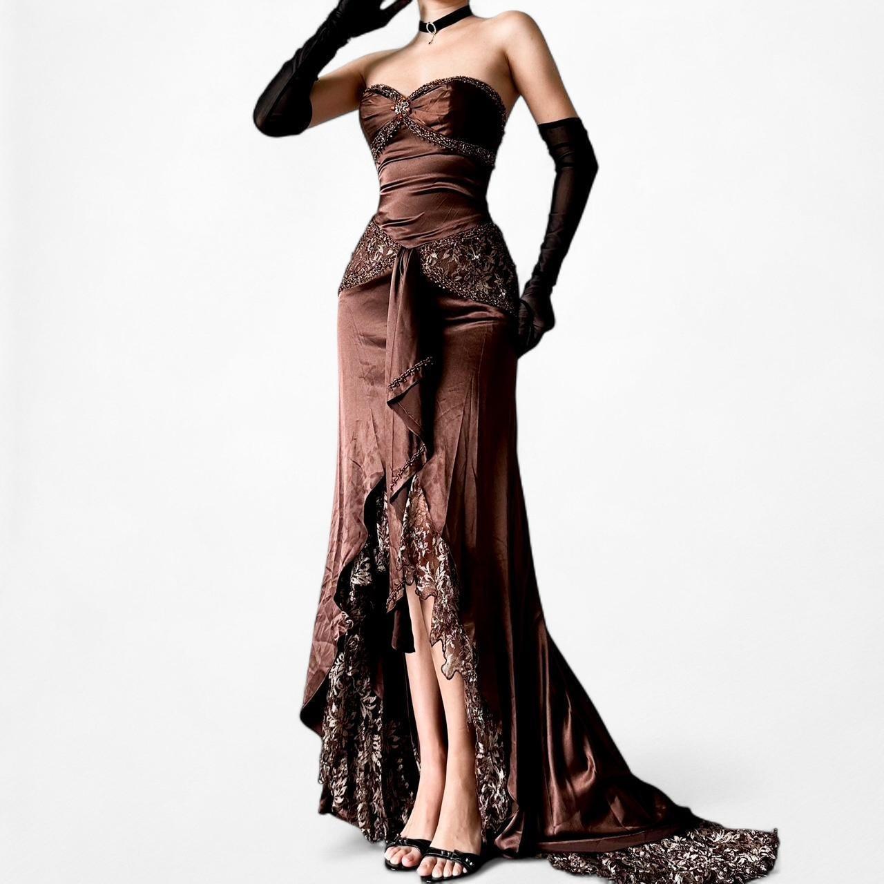 Vintage Brown Satin Lace Beaded Strapless Ruffle Flared Maxi Prom Dress Size XS