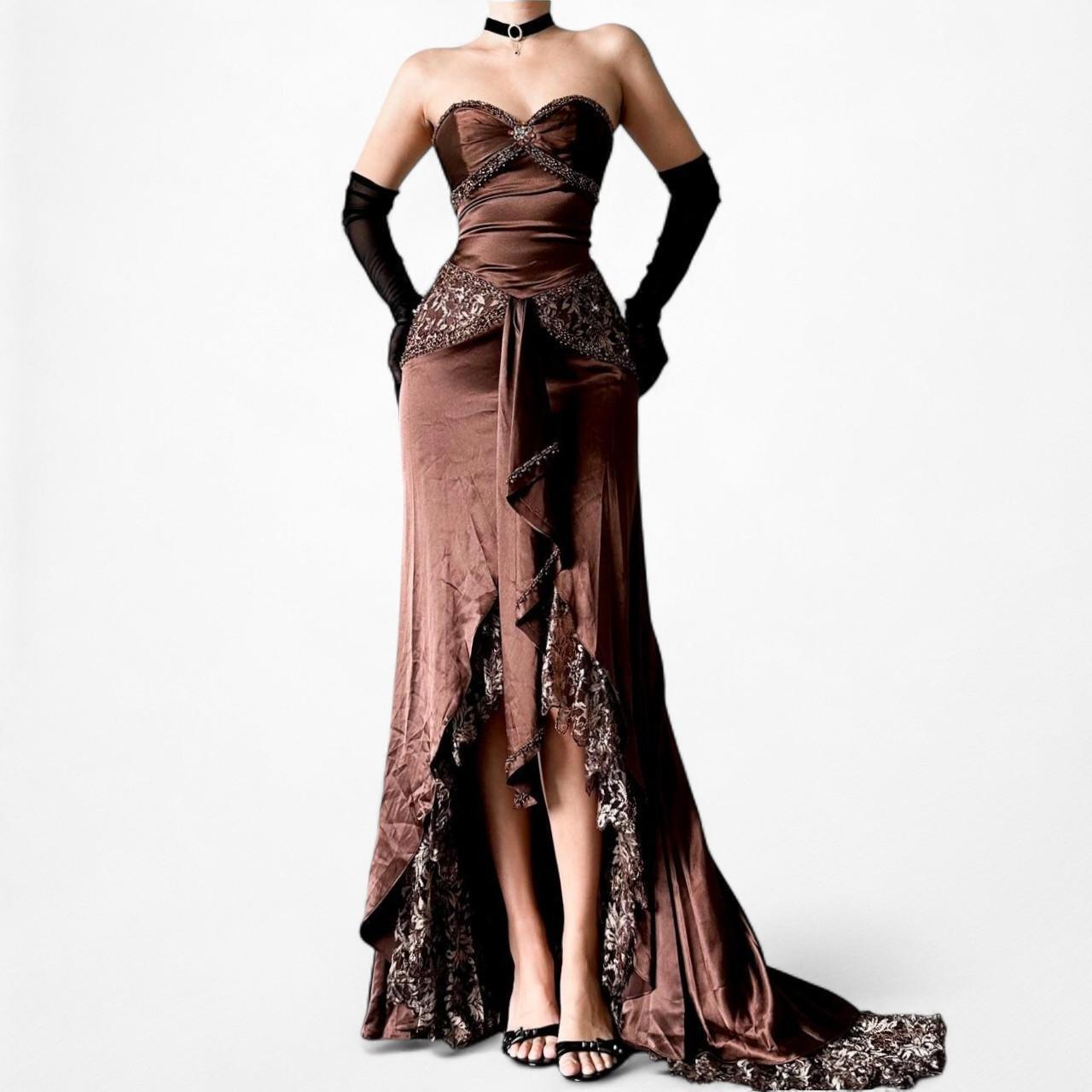 Vintage Brown Satin Lace Beaded Strapless Ruffle Flared Maxi Prom Dress Size XS