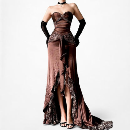 Vintage Brown Satin Lace Beaded Strapless Ruffle Flared Maxi Prom Dress Size XS