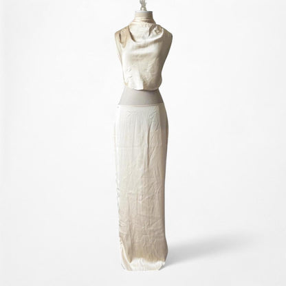 Pretty Little Thing Yellow Satin Two Piece Crop Top Maxi Skirt Set Size S/M