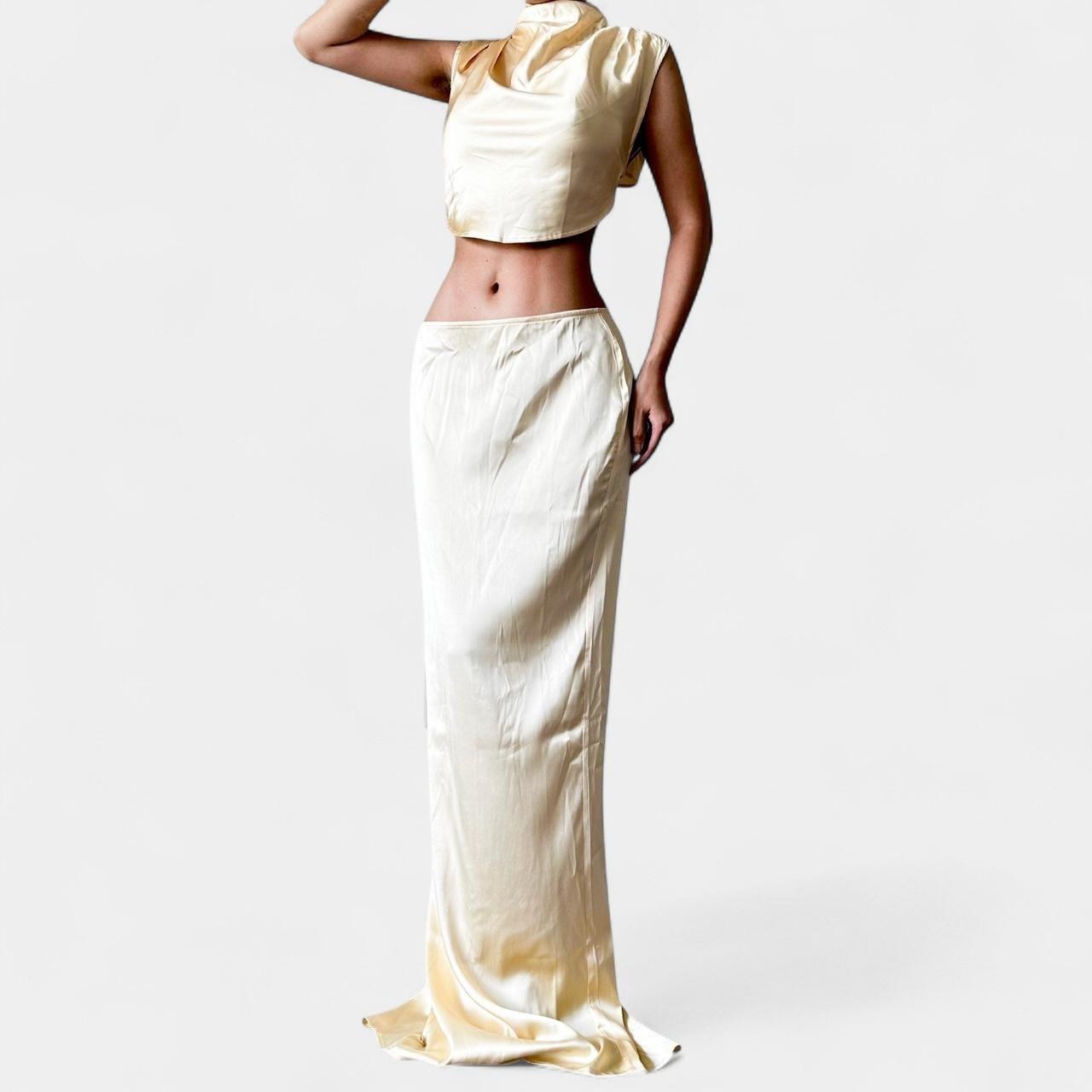 Pretty Little Thing Yellow Satin Two Piece Crop Top Maxi Skirt Set Size S/M