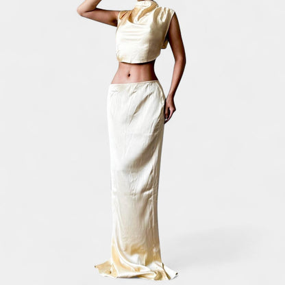 Pretty Little Thing Yellow Satin Two Piece Crop Top Maxi Skirt Set Size S/M