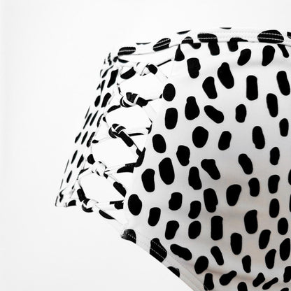 White Black Polka Dot High Waisted Cutout Strapless Two Piece Swimsuit Size XS/S