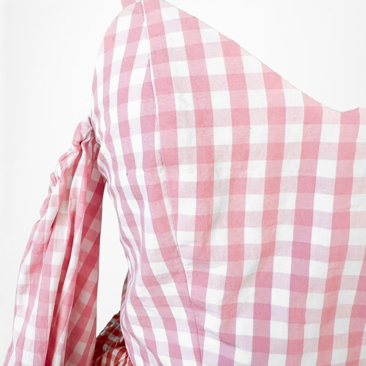 Pink Red Cold Shoulder Plaid Checkered Long Puffy Sleeve Peplum Top Size XS