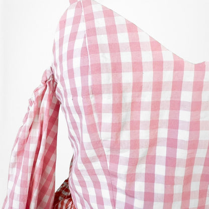 Pink Red Cold Shoulder Plaid Checkered Long Puffy Sleeve Peplum Top Size XS