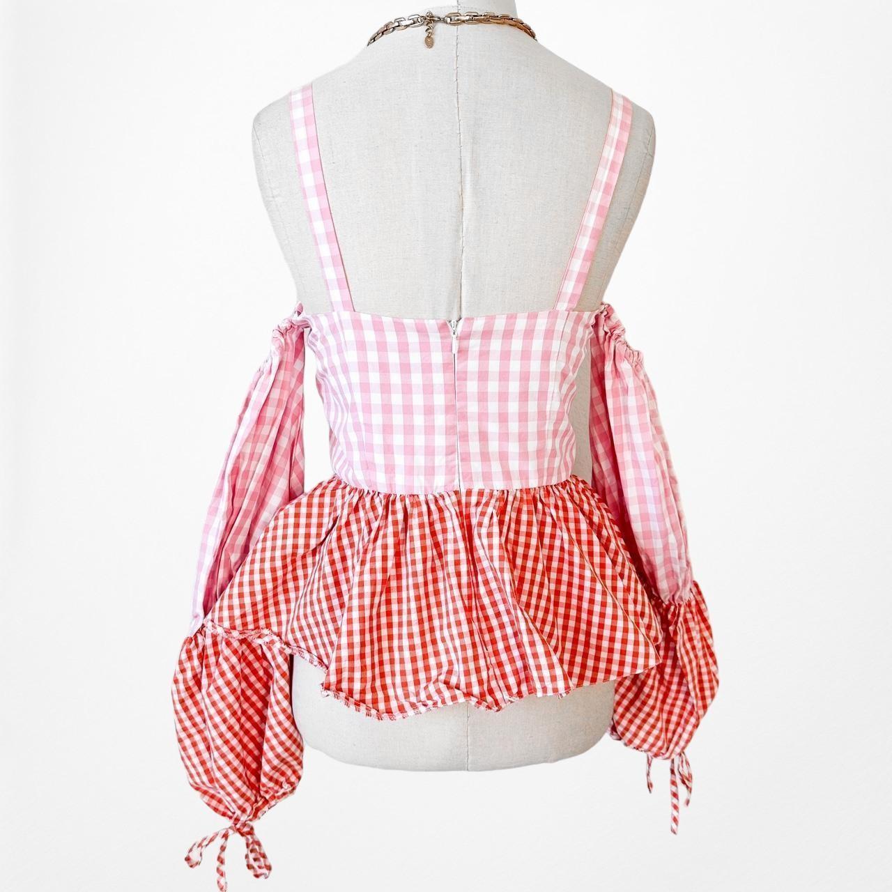 Pink Red Cold Shoulder Plaid Checkered Long Puffy Sleeve Peplum Top Size XS