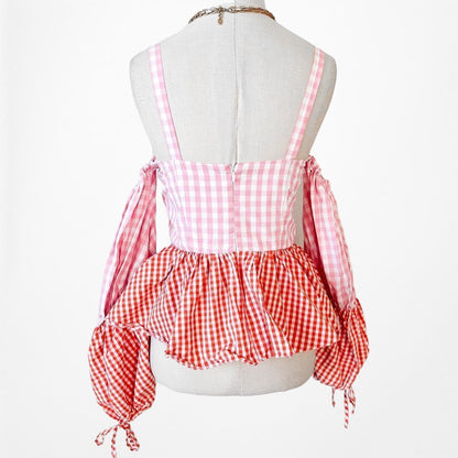 Pink Red Cold Shoulder Plaid Checkered Long Puffy Sleeve Peplum Top Size XS