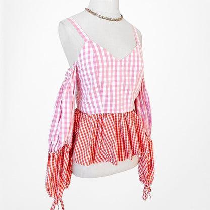 Pink Red Cold Shoulder Plaid Checkered Long Puffy Sleeve Peplum Top Size XS