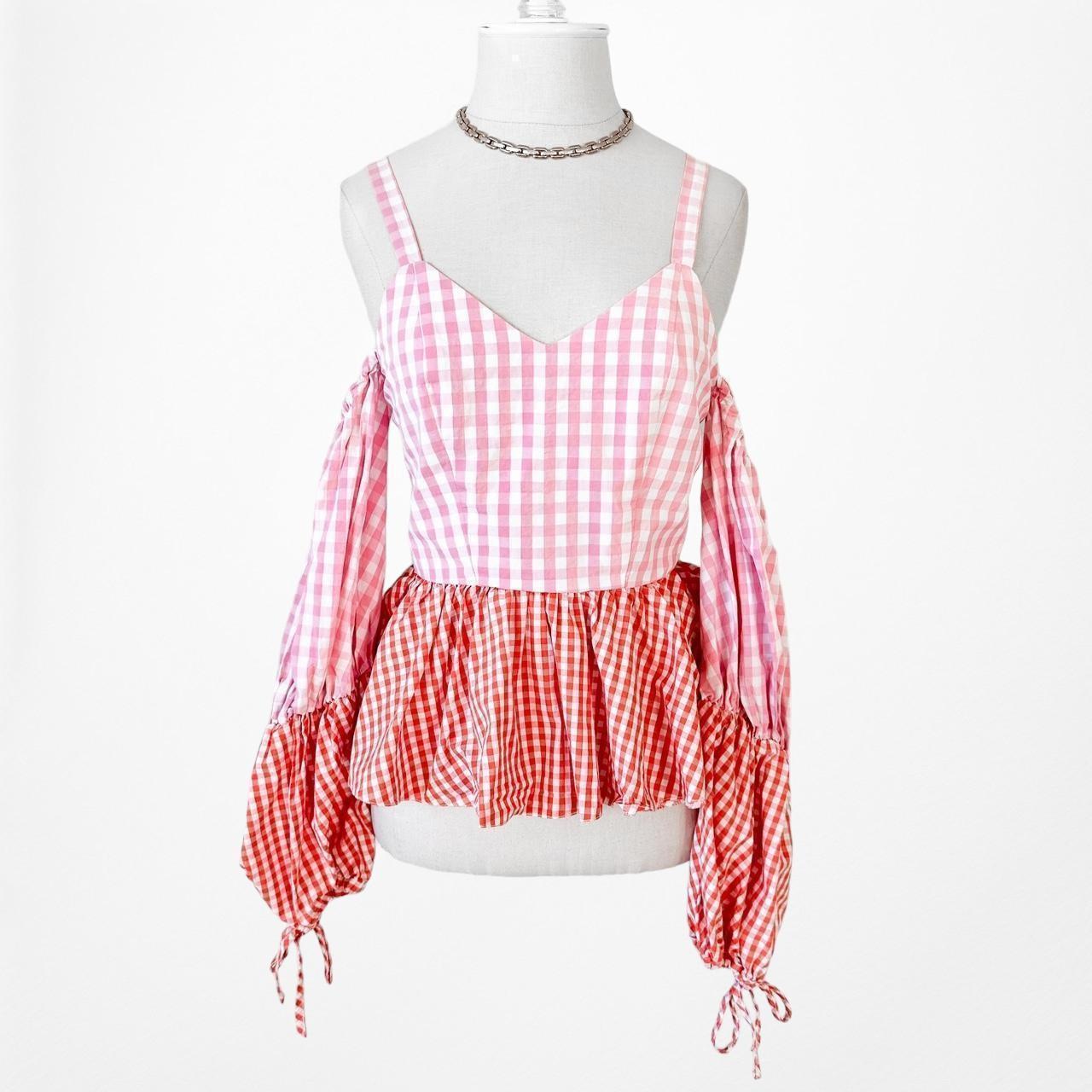 Pink Red Cold Shoulder Plaid Checkered Long Puffy Sleeve Peplum Top Size XS