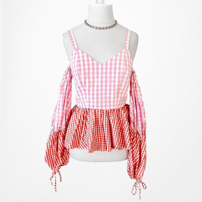 Pink Red Cold Shoulder Plaid Checkered Long Puffy Sleeve Peplum Top Size XS