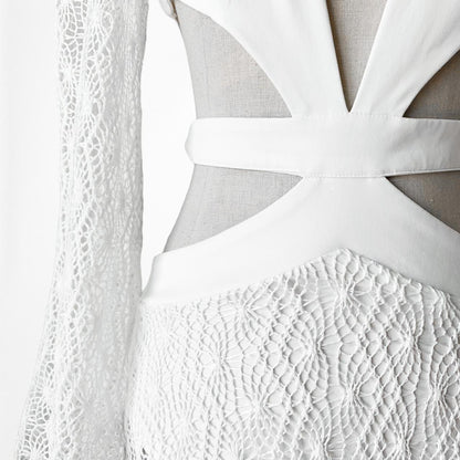 White Long Sleeve Sheer Lace Cutout VNeck Flowy A-Line Flared Maxi Dress Size S