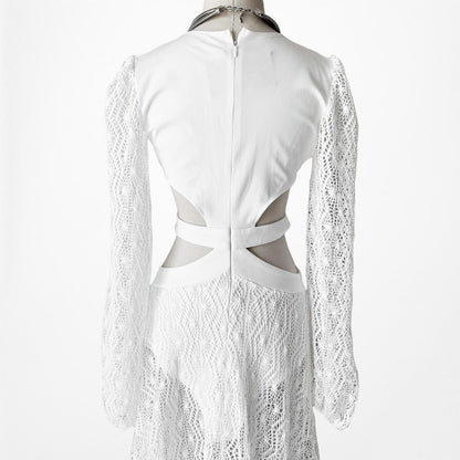 White Long Sleeve Sheer Lace Cutout VNeck Flowy A-Line Flared Maxi Dress Size S