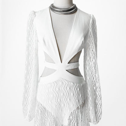 White Long Sleeve Sheer Lace Cutout VNeck Flowy A-Line Flared Maxi Dress Size S