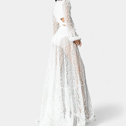 White Long Sleeve Sheer Lace Cutout VNeck Flowy A-Line Flared Maxi Dress Size S