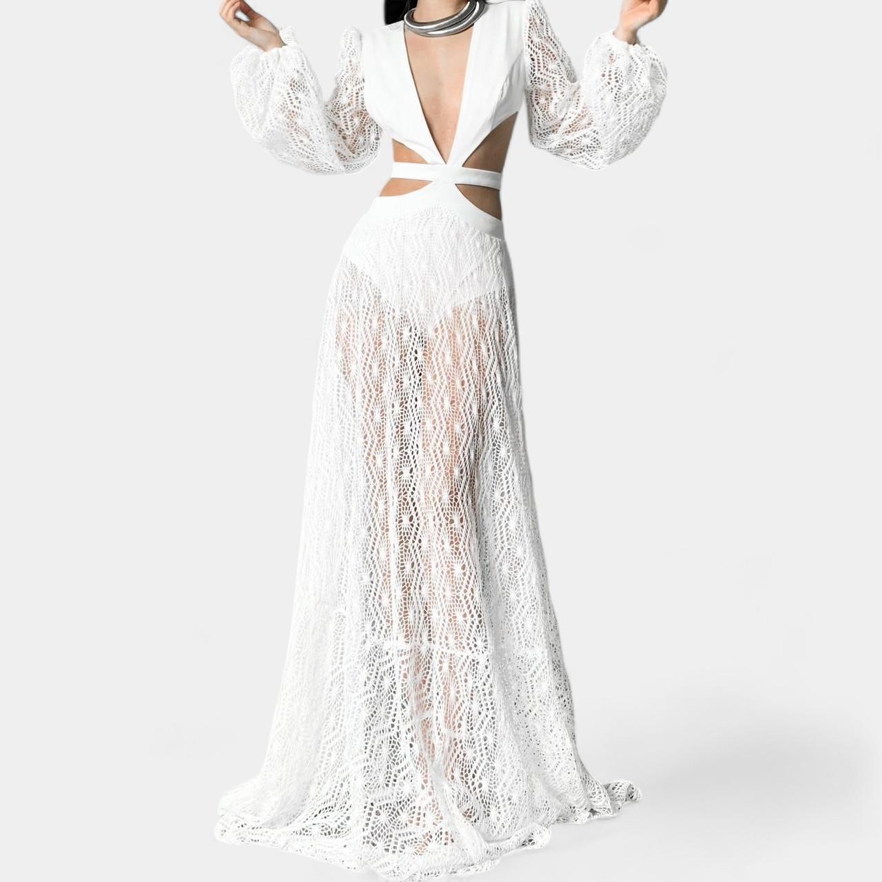 White Long Sleeve Sheer Lace Cutout VNeck Flowy A-Line Flared Maxi Dress Size S