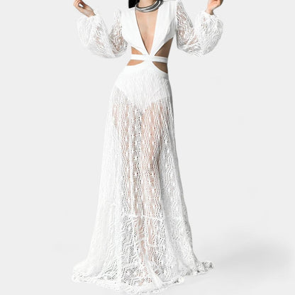 White Long Sleeve Sheer Lace Cutout VNeck Flowy A-Line Flared Maxi Dress Size S