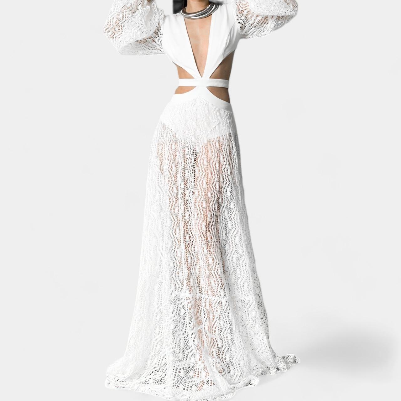 White Long Sleeve Sheer Lace Cutout VNeck Flowy A-Line Flared Maxi Dress Size S