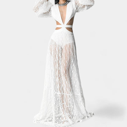 White Long Sleeve Sheer Lace Cutout VNeck Flowy A-Line Flared Maxi Dress Size S