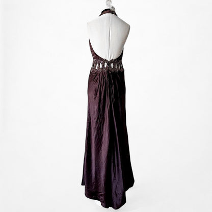 Vintage Brown Silk Cutout Beaded Halter Maxi Prom Dress Size S