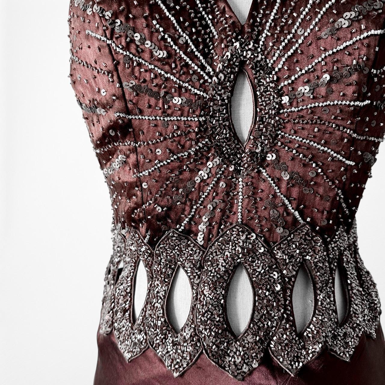 Vintage Brown Silk Cutout Beaded Halter Maxi Prom Dress Size S