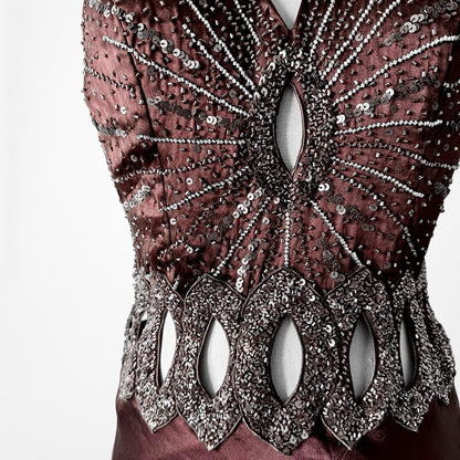 Vintage Brown Silk Cutout Beaded Halter Maxi Prom Dress Size S