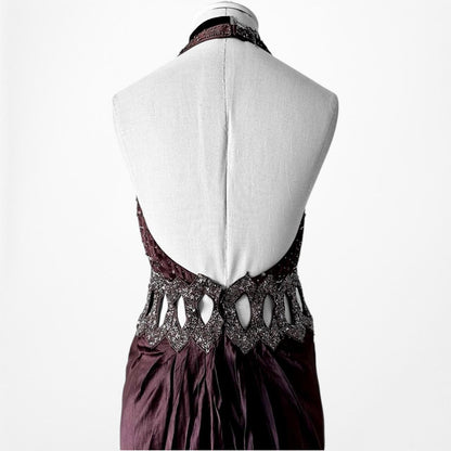 Vintage Brown Silk Cutout Beaded Halter Maxi Prom Dress Size S
