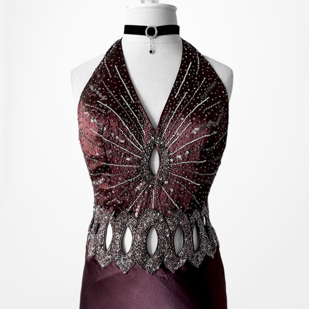 Vintage Brown Silk Cutout Beaded Halter Maxi Prom Dress Size S