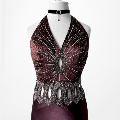 Vintage Brown Silk Cutout Beaded Halter Maxi Prom Dress Size S