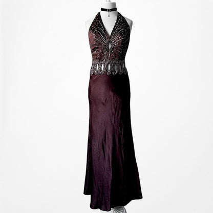 Vintage Brown Silk Cutout Beaded Halter Maxi Prom Dress Size S